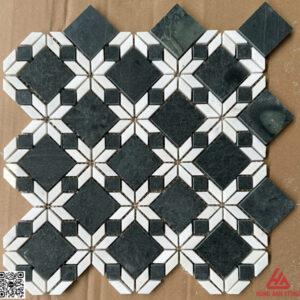 Đá Mosaic bông hoa - xanh rêu điểm trắng sữa